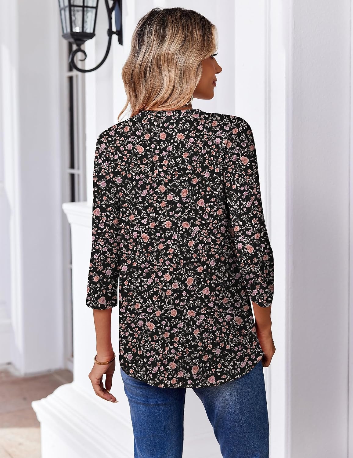 image:imageZeagoo 34 Length Sleeve Womens Tops V Neck Pleated Boho Floral BlousesFloral Black