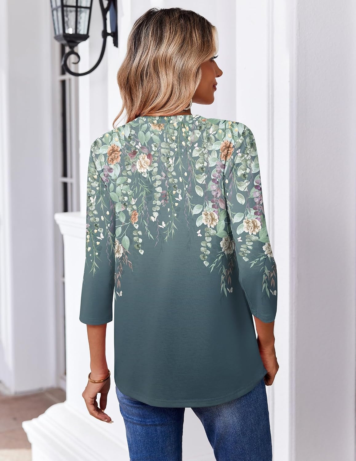 image:imageZeagoo 34 Length Sleeve Womens Tops V Neck Pleated Boho Floral BlousesFloral Grey Green