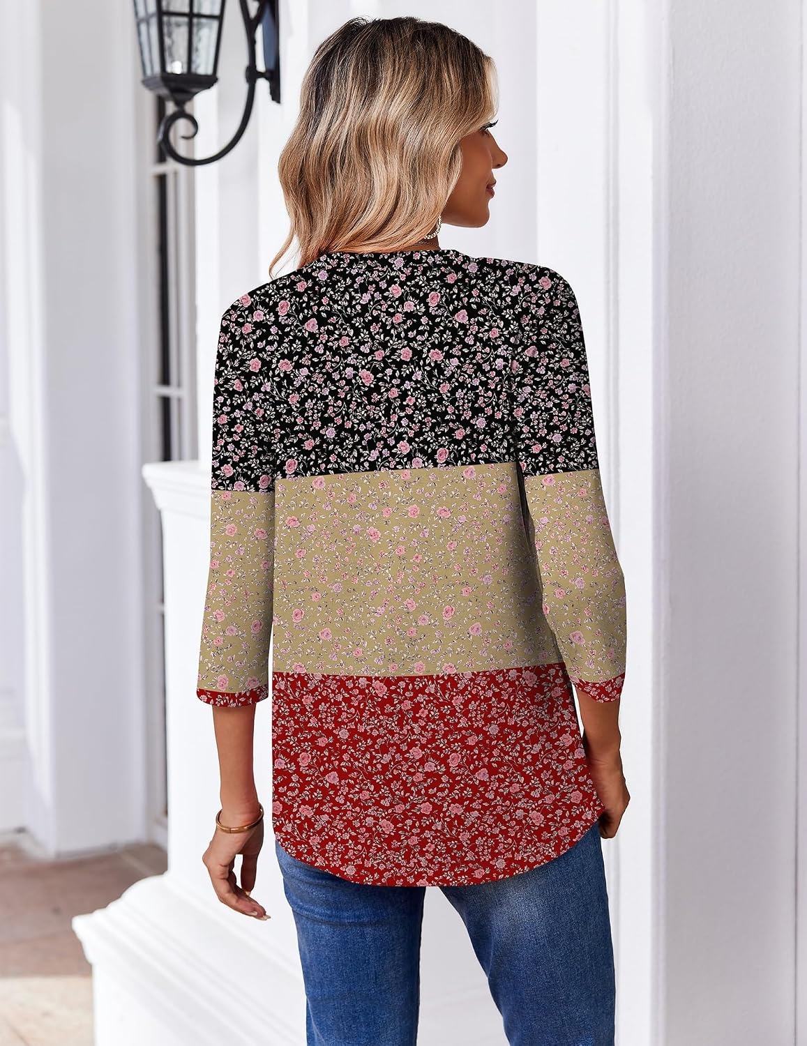 image:imageZeagoo 34 Length Sleeve Womens Tops V Neck Pleated Boho Floral BlousesFloral Multiple Color