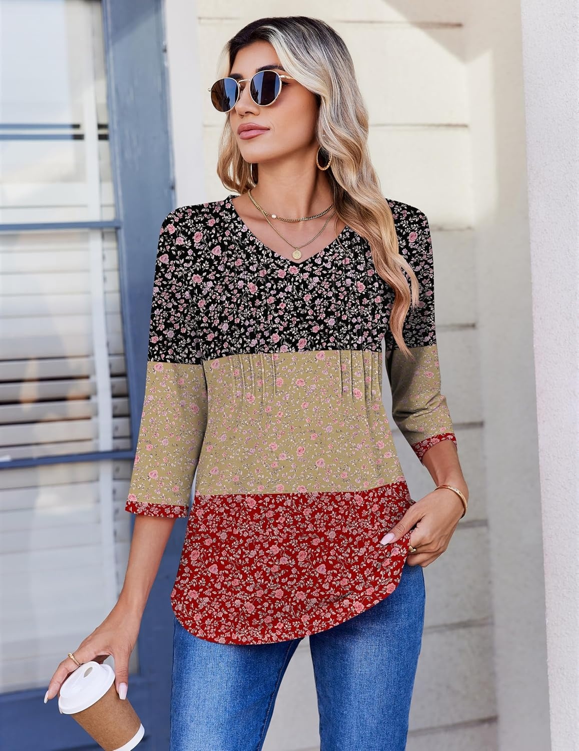 image:imageZeagoo 34 Length Sleeve Womens Tops V Neck Pleated Boho Floral BlousesFloral Multiple Color