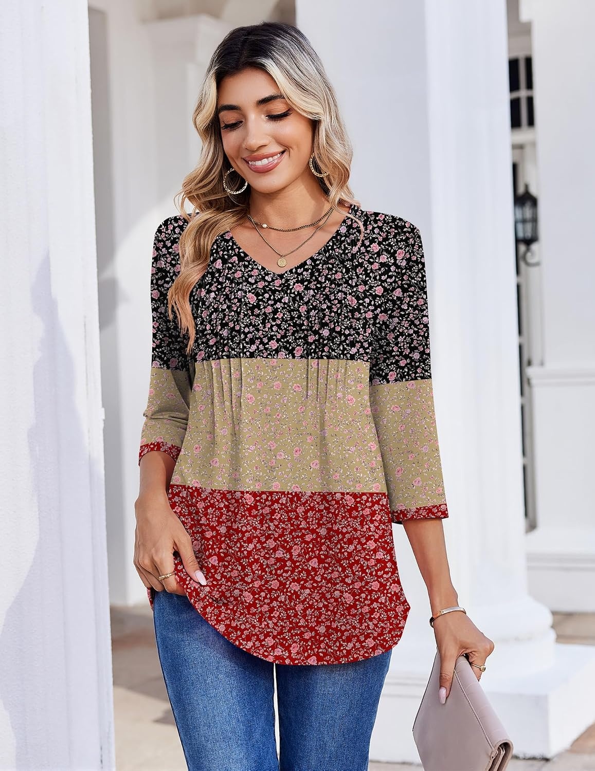 image:imageZeagoo 34 Length Sleeve Womens Tops V Neck Pleated Boho Floral BlousesFloral Multiple Color