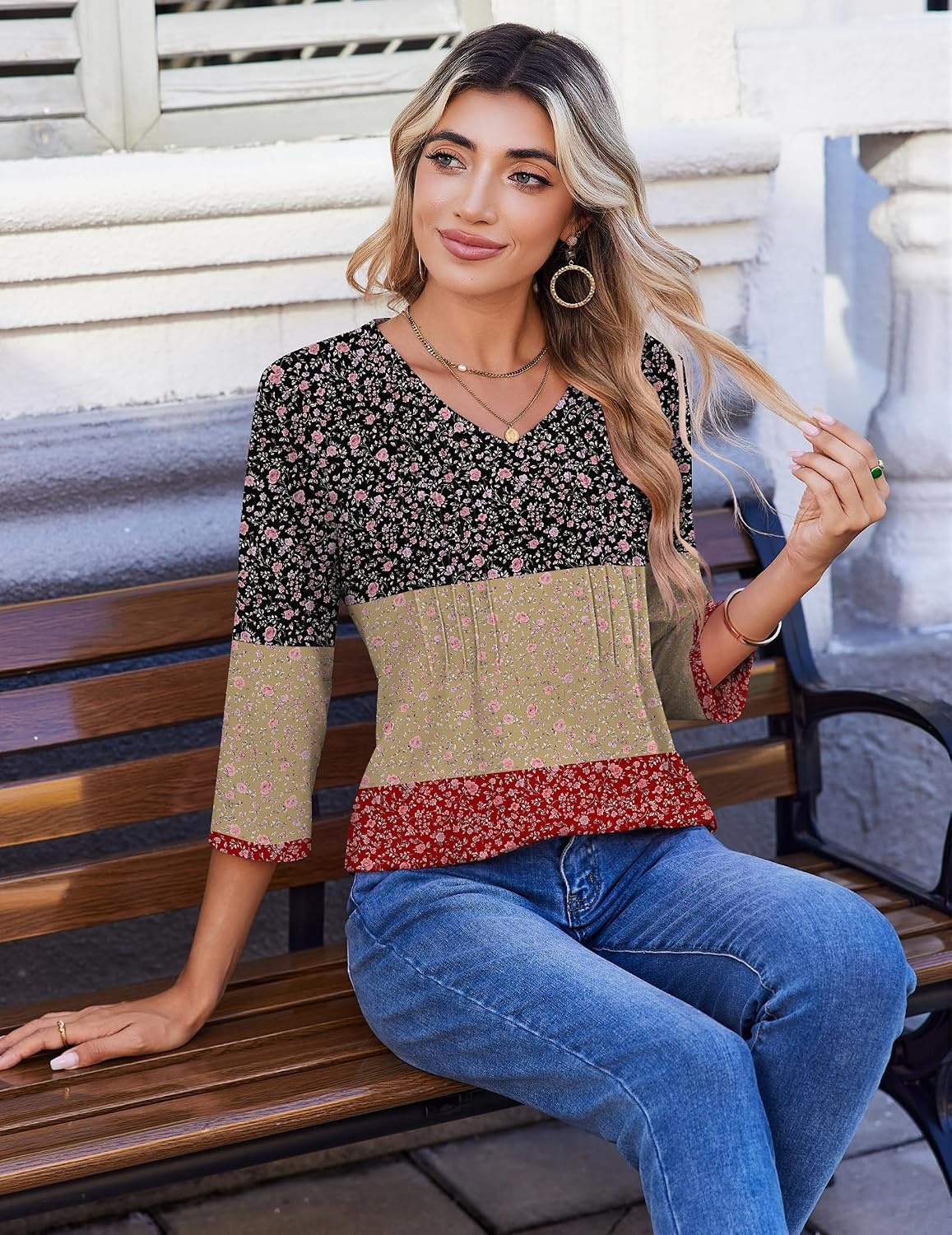 image:imageZeagoo 34 Length Sleeve Womens Tops V Neck Pleated Boho Floral BlousesFloral Multiple Color