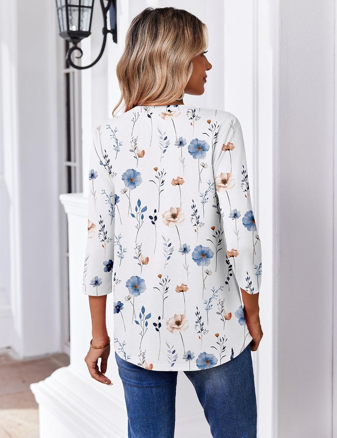 image:imageZeagoo 34 Length Sleeve Womens Tops V Neck Pleated Boho Floral BlousesFloral White