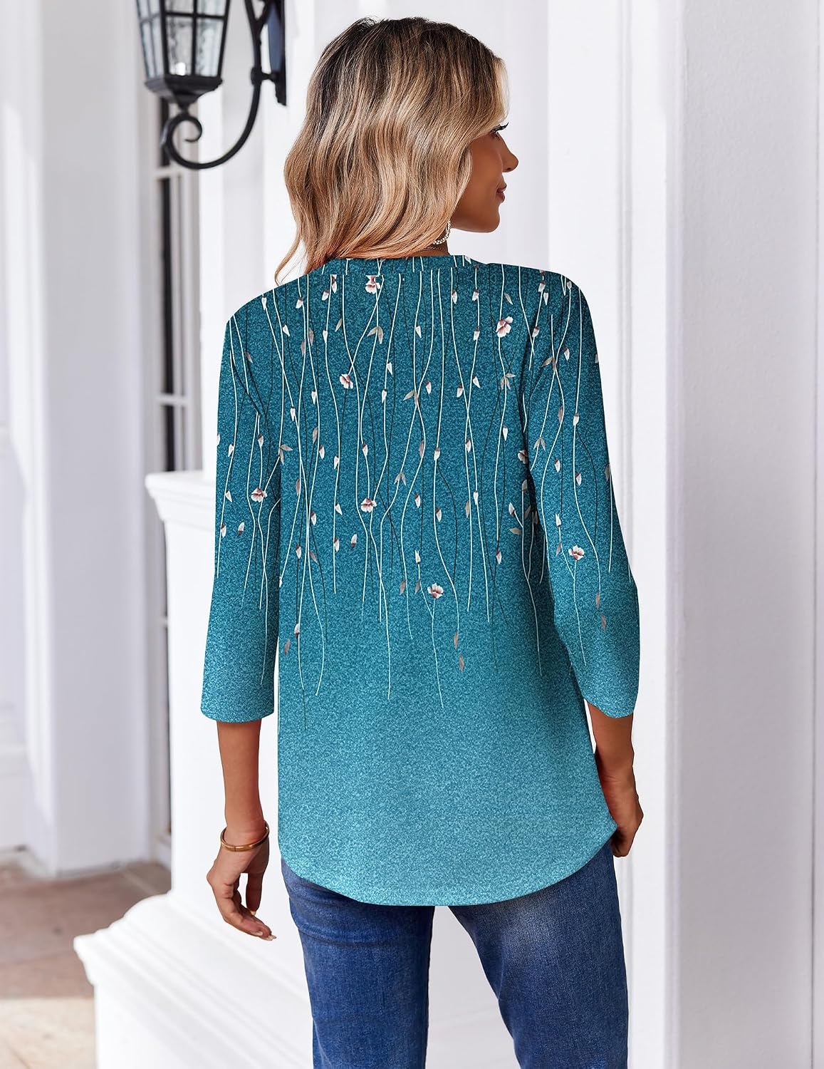 image:imageZeagoo 34 Length Sleeve Womens Tops V Neck Pleated Boho Floral BlousesLeaf Green