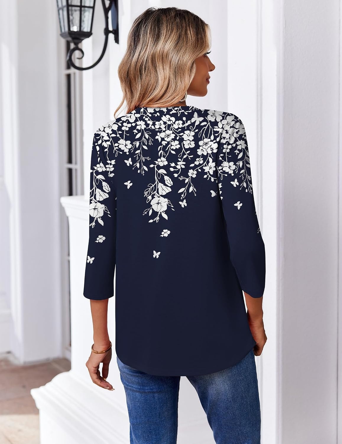 image:imageZeagoo 34 Length Sleeve Womens Tops V Neck Pleated Boho Floral BlousesLeaf Navy