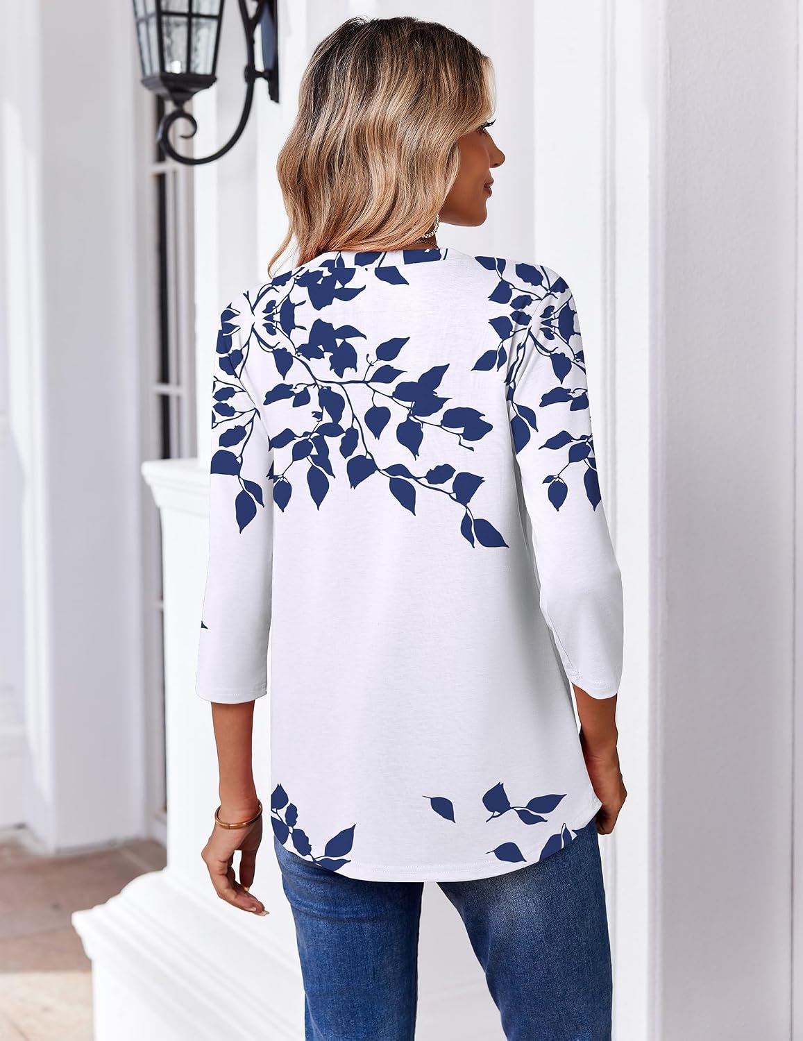 image:imageZeagoo 34 Length Sleeve Womens Tops V Neck Pleated Boho Floral BlousesLeaf White