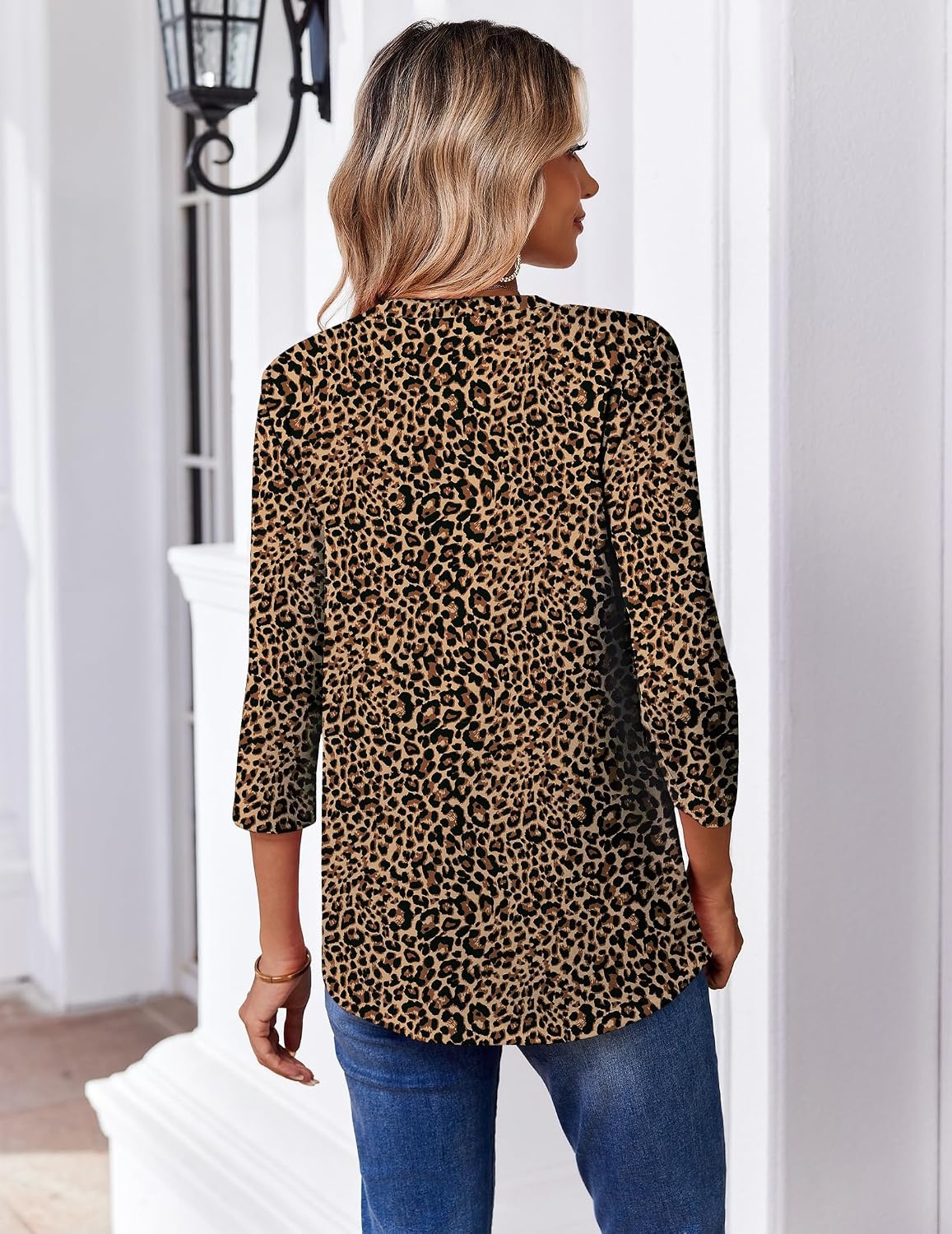 image:imageZeagoo 34 Length Sleeve Womens Tops V Neck Pleated Boho Floral BlousesLeopard