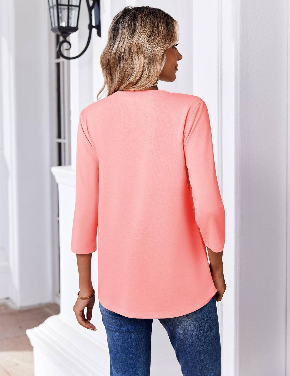 image:imageZeagoo 34 Length Sleeve Womens Tops V Neck Pleated Boho Floral BlousesPink