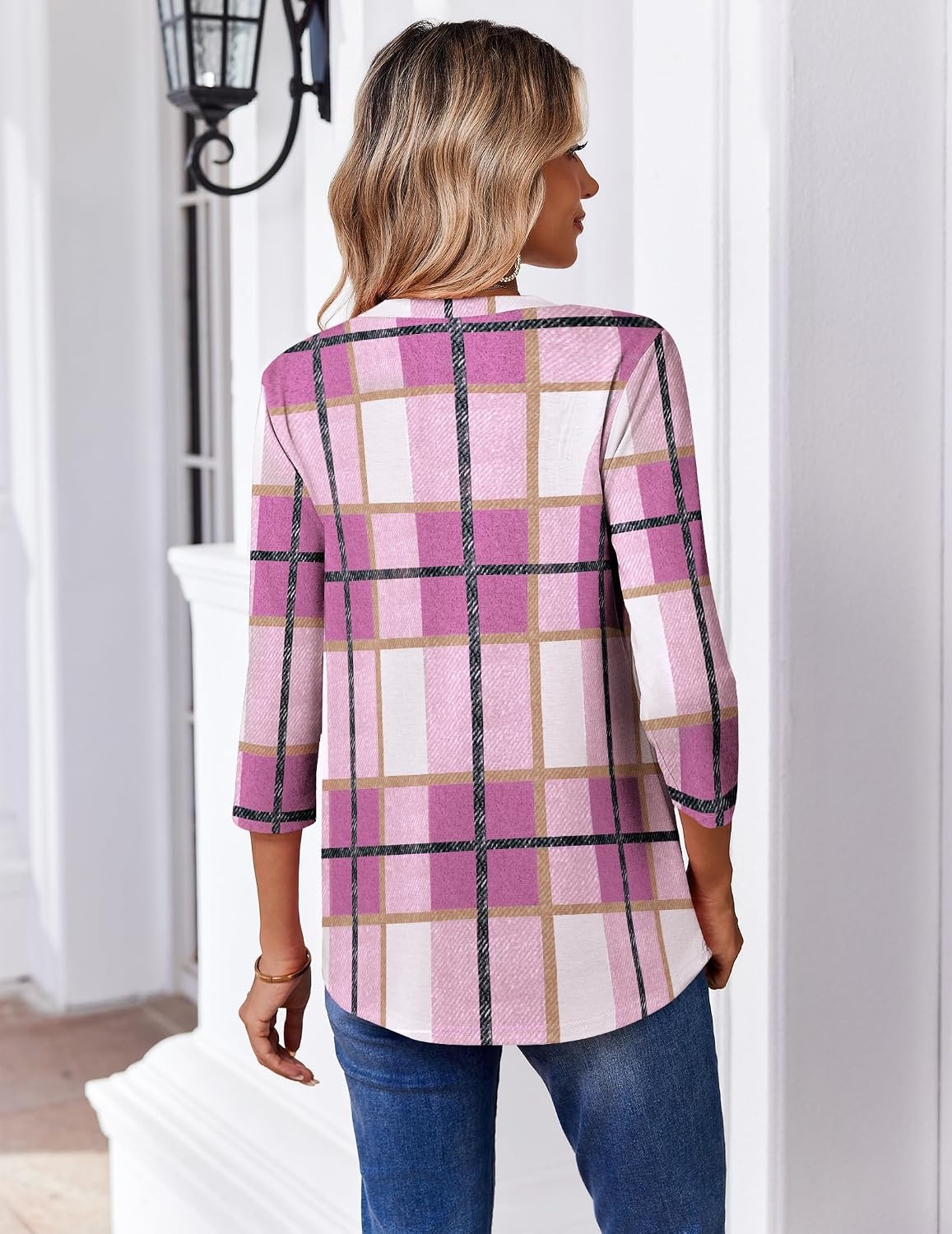 image:imageZeagoo 34 Length Sleeve Womens Tops V Neck Pleated Boho Floral BlousesPink Plaid