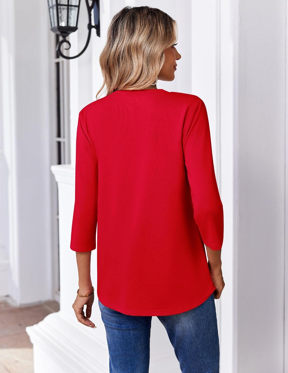 image:imageZeagoo 34 Length Sleeve Womens Tops V Neck Pleated Boho Floral BlousesPure Red