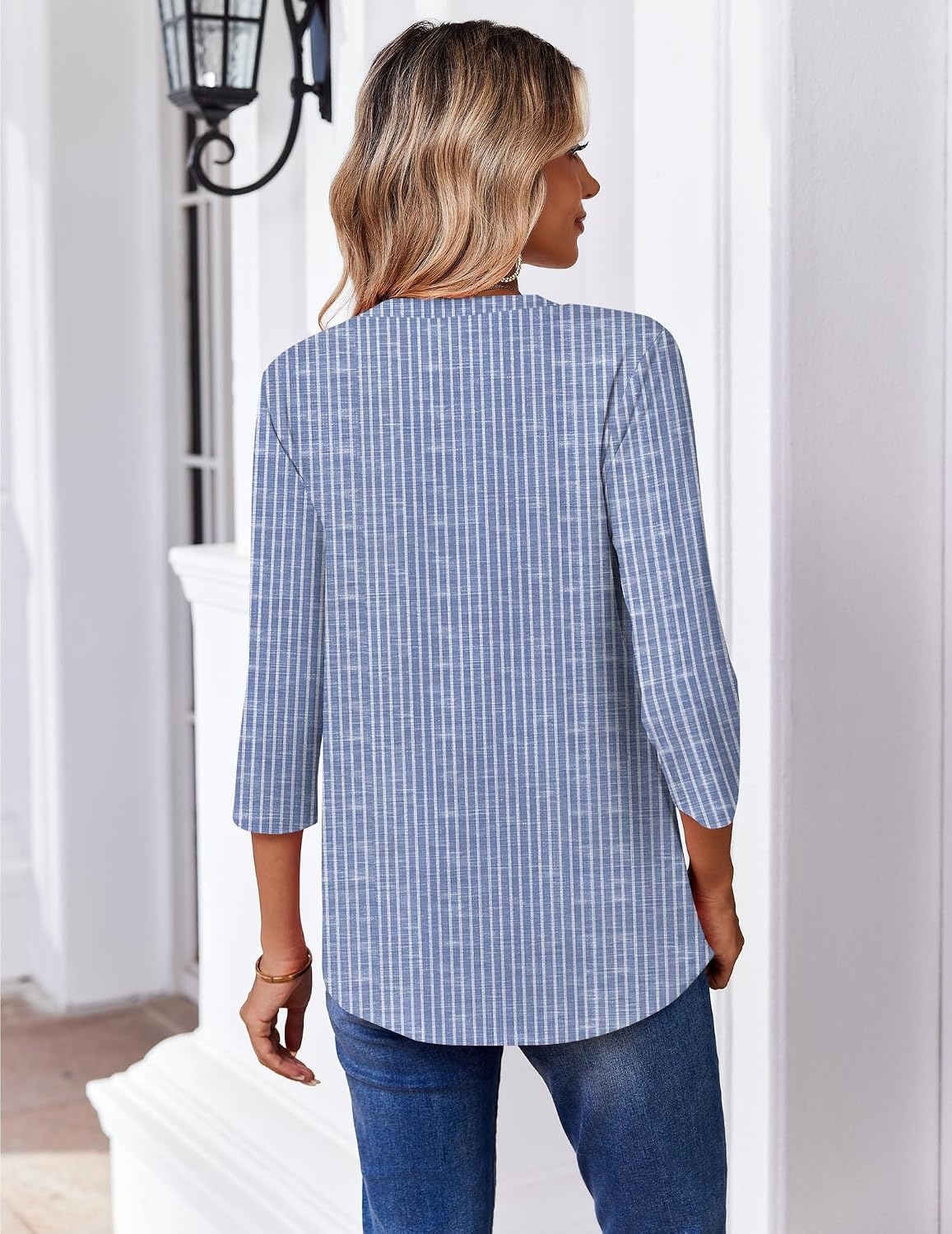 image:imageZeagoo 34 Length Sleeve Womens Tops V Neck Pleated Boho Floral BlousesStriped 273