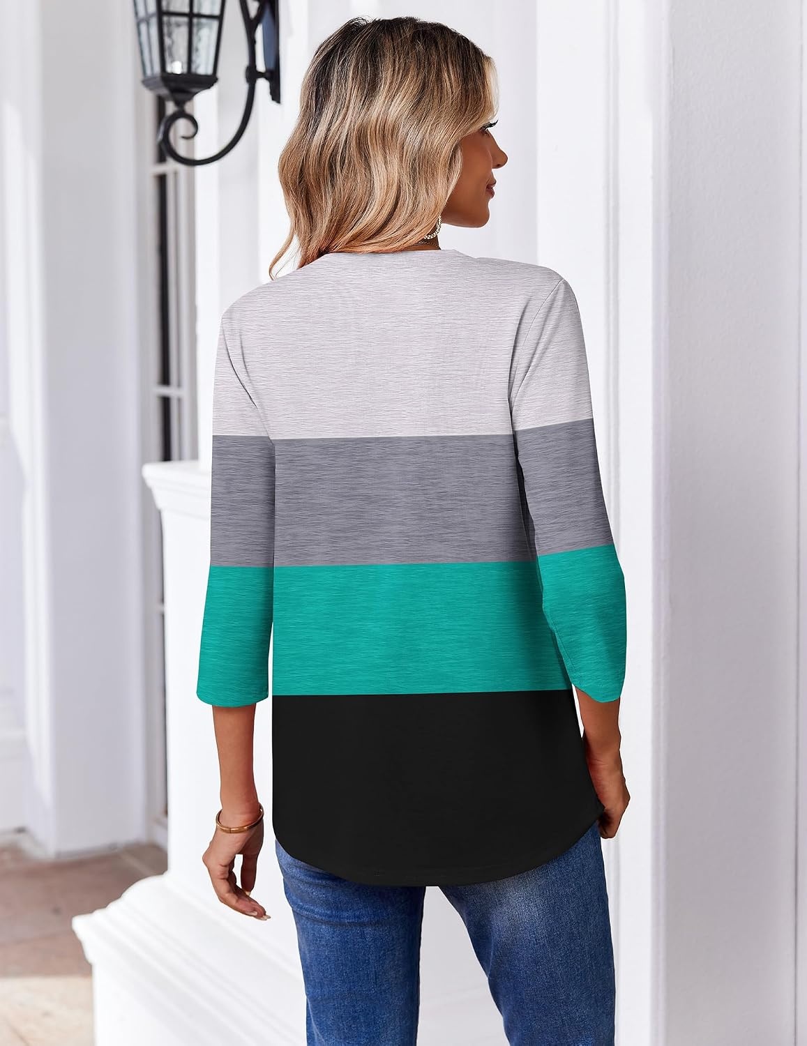 image:imageZeagoo 34 Length Sleeve Womens Tops V Neck Pleated Boho Floral BlousesStriped 595