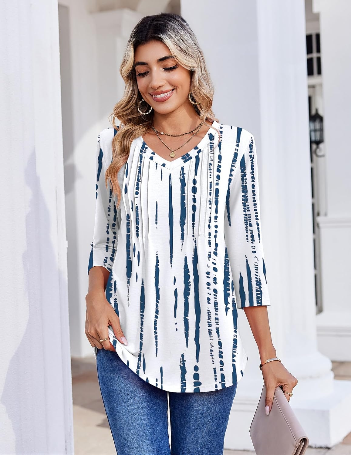 image:imageZeagoo 34 Length Sleeve Womens Tops V Neck Pleated Boho Floral BlousesWhite Blue