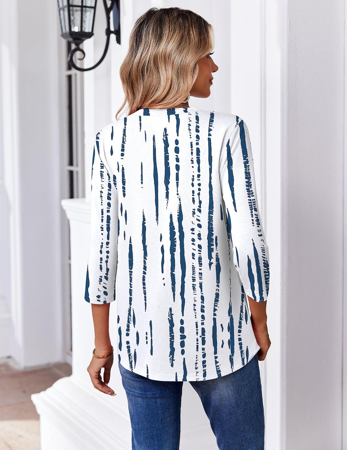 image:imageZeagoo 34 Length Sleeve Womens Tops V Neck Pleated Boho Floral BlousesWhite Blue