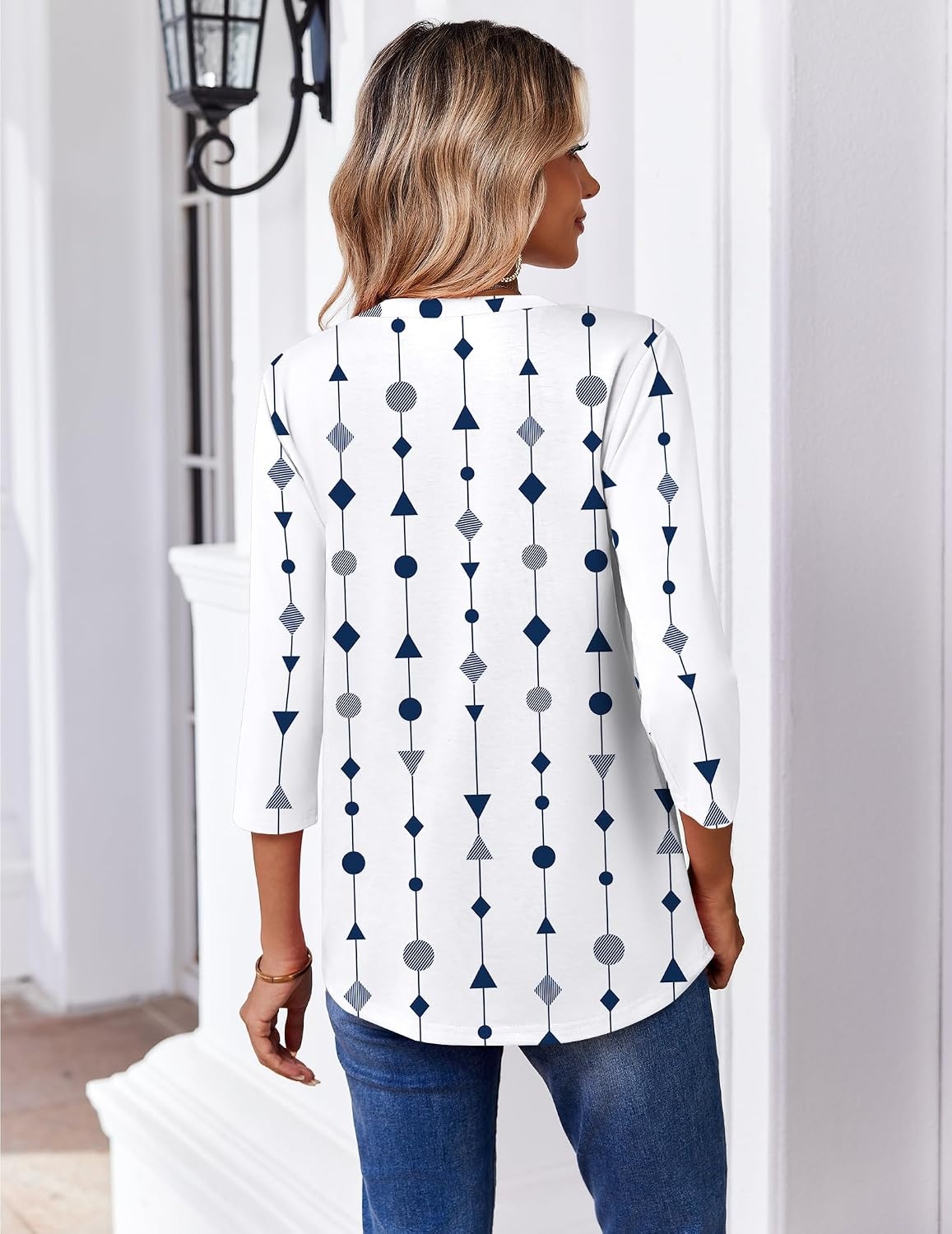 image:imageZeagoo 34 Length Sleeve Womens Tops V Neck Pleated Boho Floral BlousesWhite Striped 599