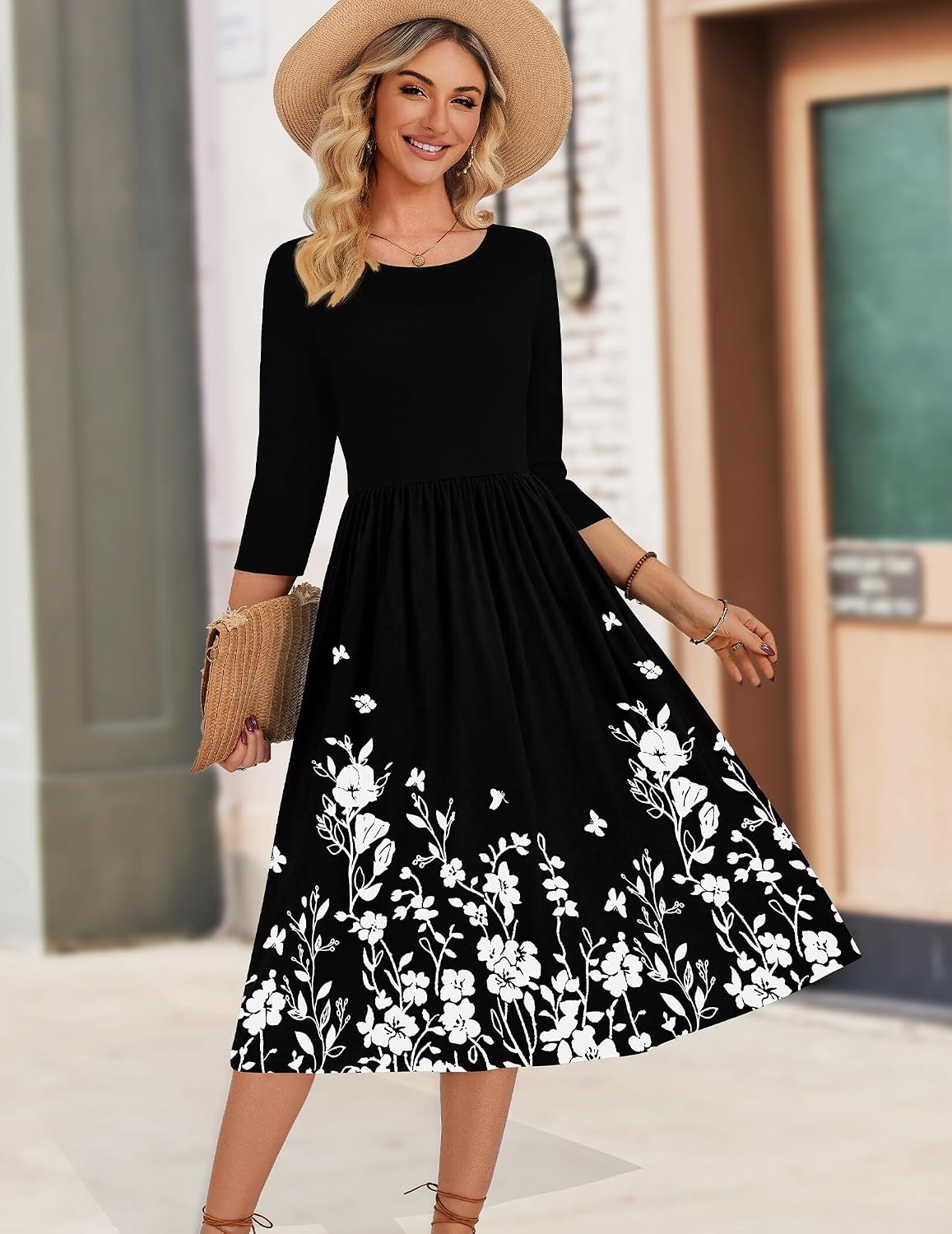 image:imageZeagoo 34 Sleeve Womens Dress Casual Aline Summer Fall Midi Long DressesBlack Floral