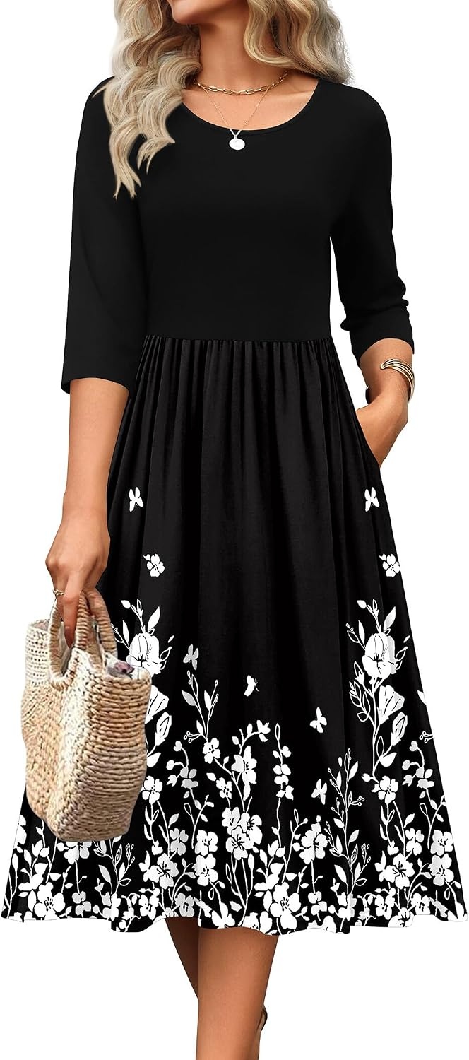 image:imageZeagoo 34 Sleeve Womens Dress Casual Aline Summer Fall Midi Long DressesBlack Floral