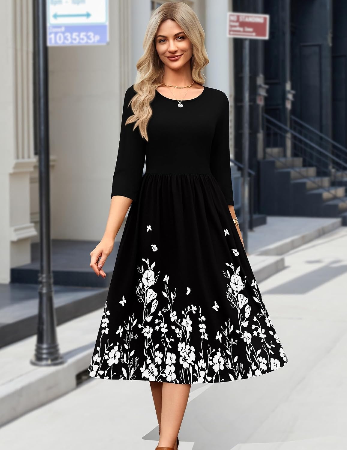 image:imageZeagoo 34 Sleeve Womens Dress Casual Aline Summer Fall Midi Long DressesBlack Floral