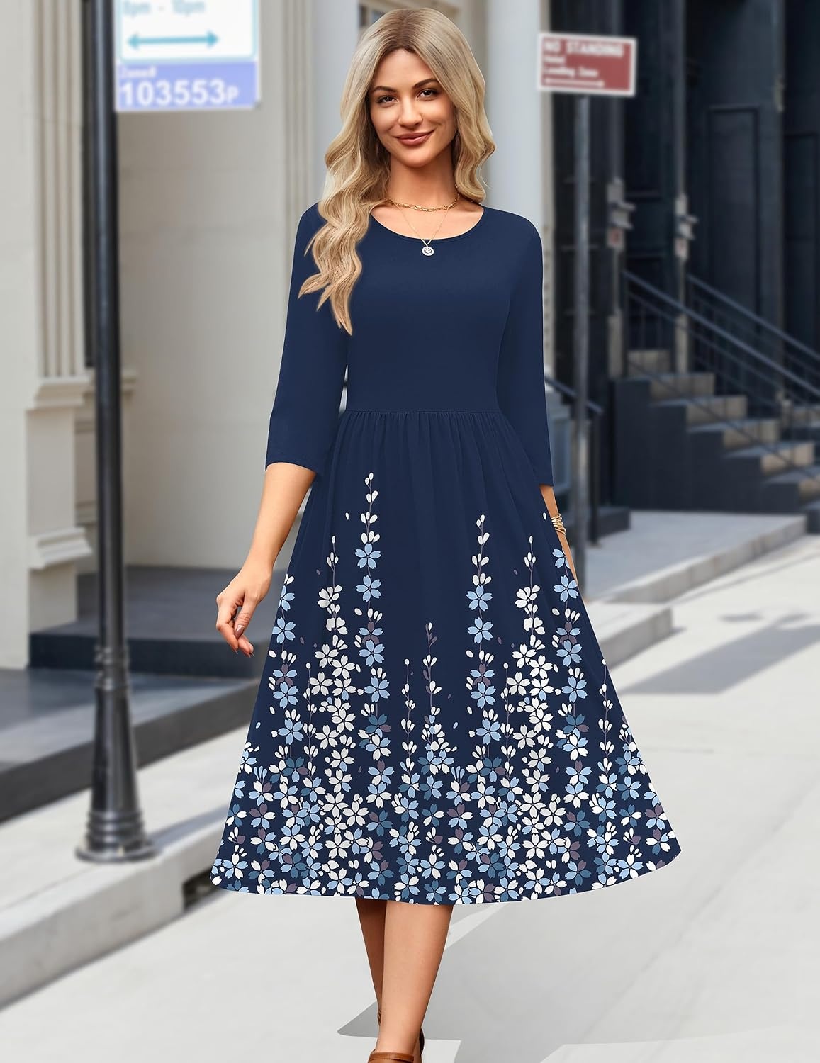 image:imageZeagoo 34 Sleeve Womens Dress Casual Aline Summer Fall Midi Long DressesBlue Flower