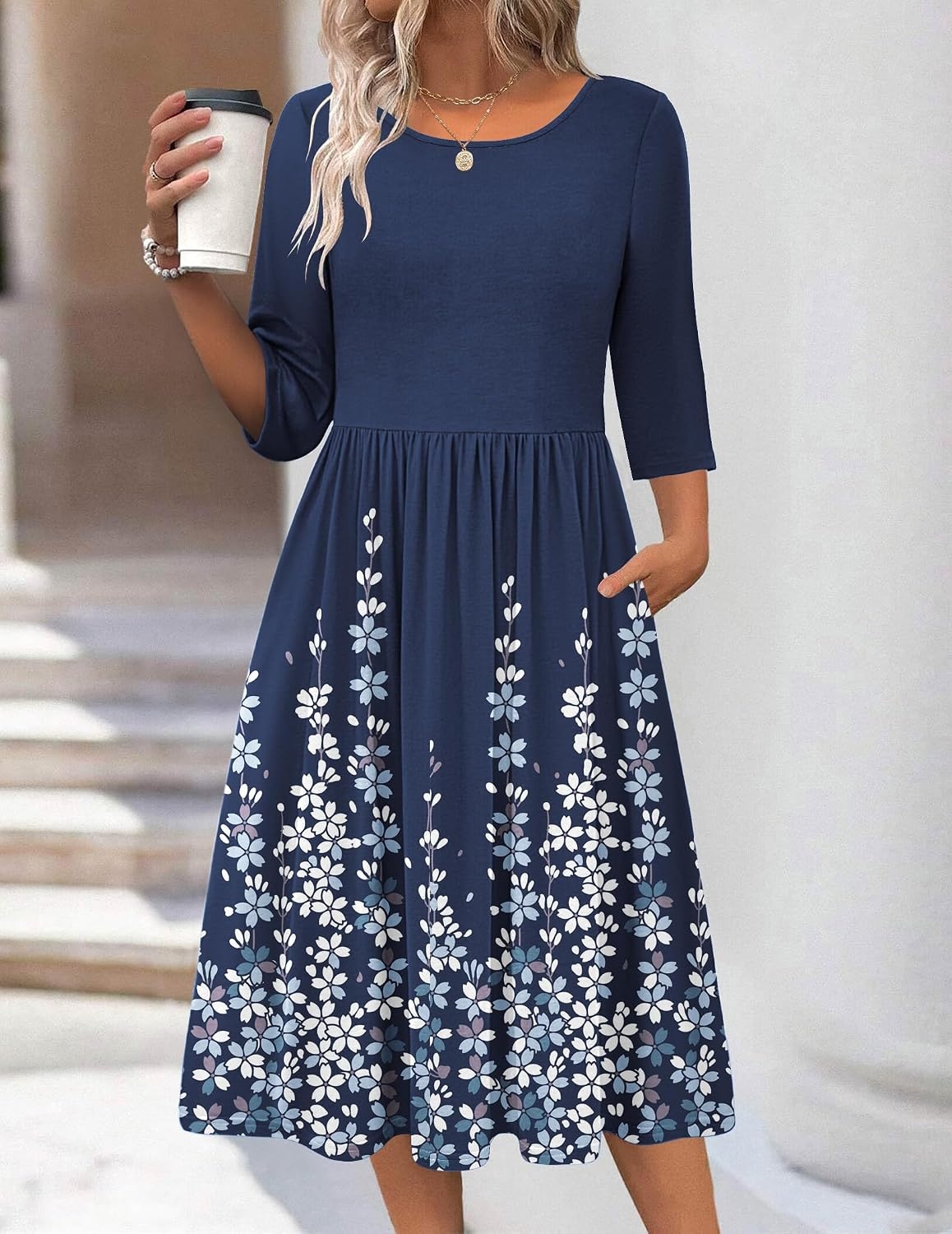 image:imageZeagoo 34 Sleeve Womens Dress Casual Aline Summer Fall Midi Long DressesBlue Flower