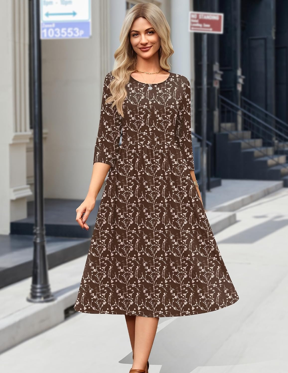 image:imageZeagoo 34 Sleeve Womens Dress Casual Aline Summer Fall Midi Long DressesCoffee Print