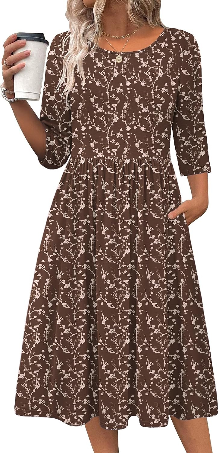 image:imageZeagoo 34 Sleeve Womens Dress Casual Aline Summer Fall Midi Long DressesCoffee Print