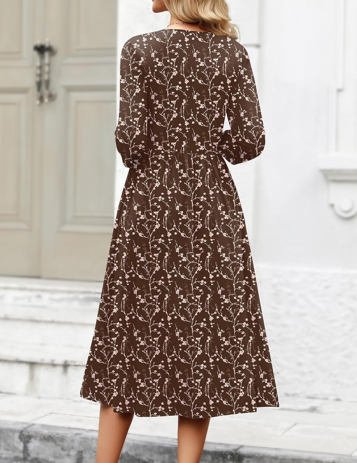 image:imageZeagoo 34 Sleeve Womens Dress Casual Aline Summer Fall Midi Long DressesCoffee Print