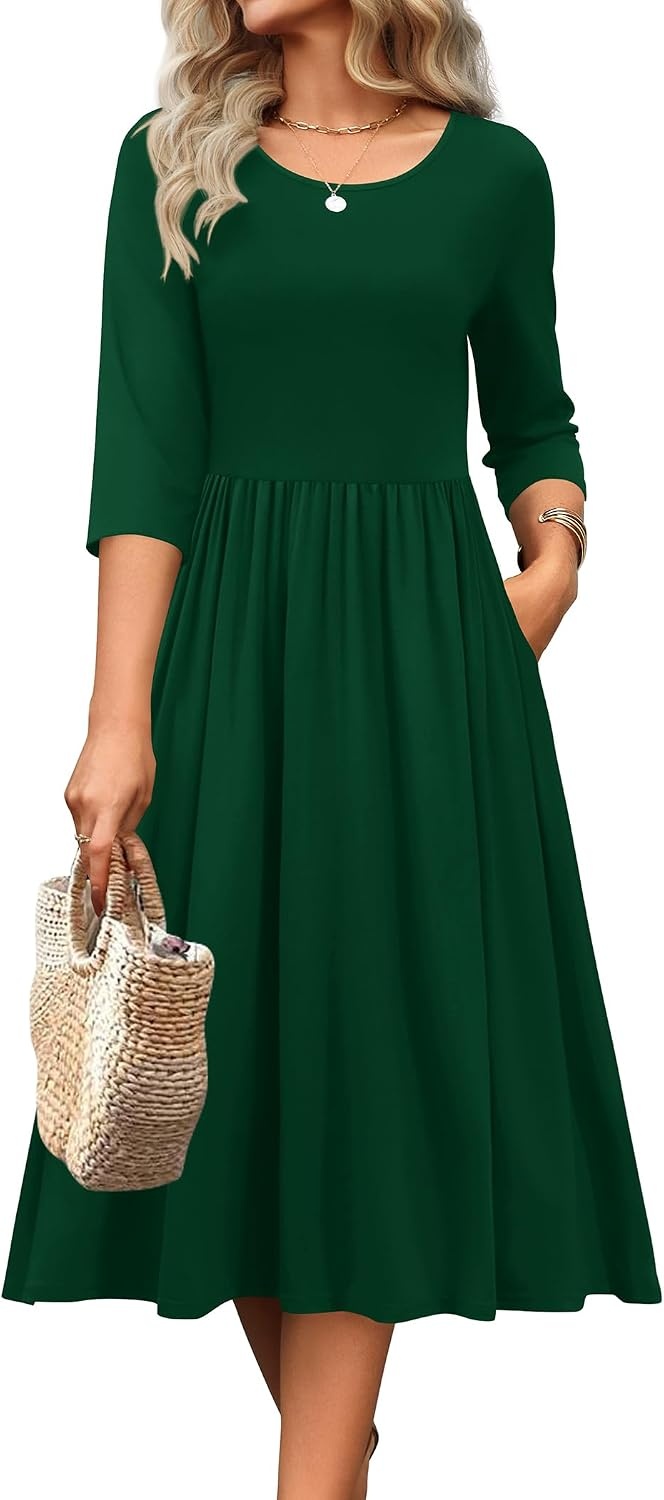 image:imageZeagoo 34 Sleeve Womens Dress Casual Aline Summer Fall Midi Long DressesGreen