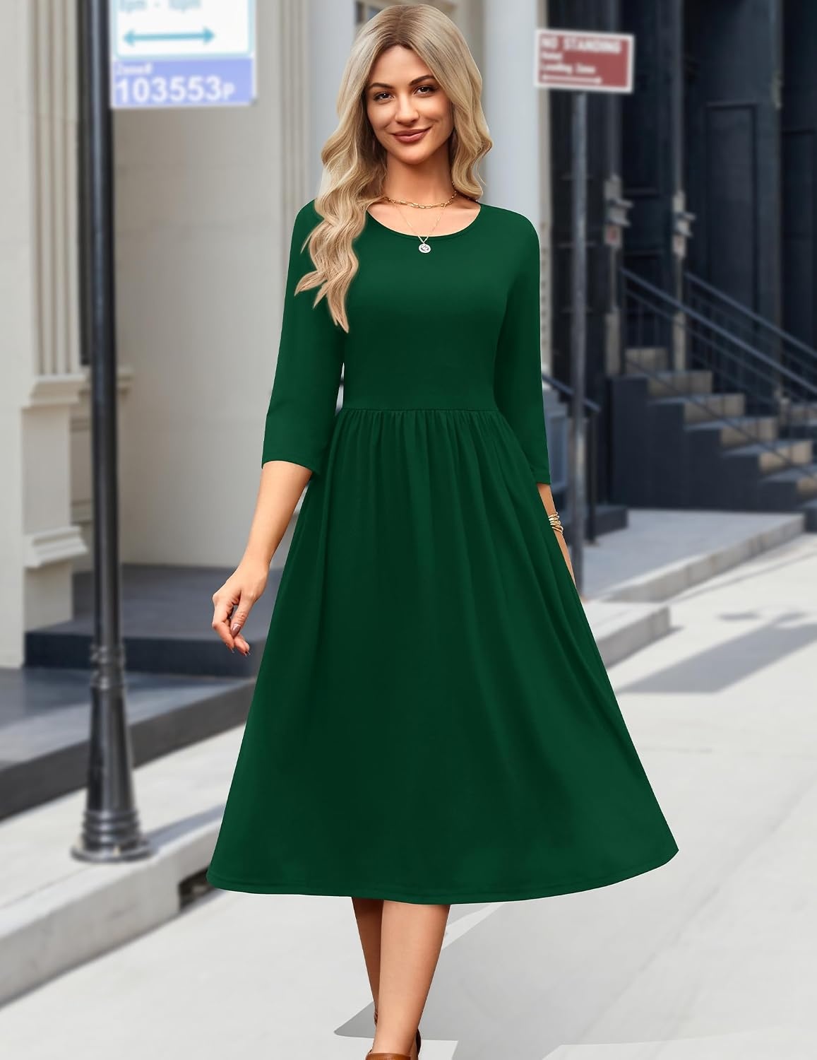 image:imageZeagoo 34 Sleeve Womens Dress Casual Aline Summer Fall Midi Long DressesGreen