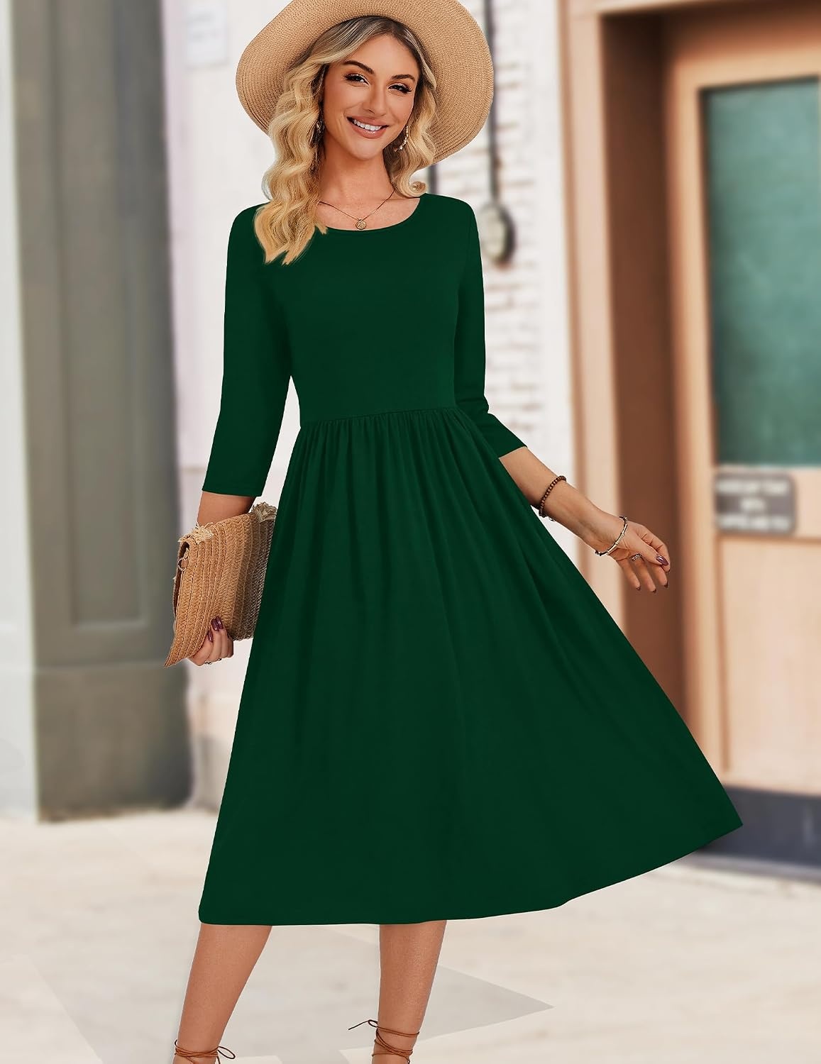 image:imageZeagoo 34 Sleeve Womens Dress Casual Aline Summer Fall Midi Long DressesGreen