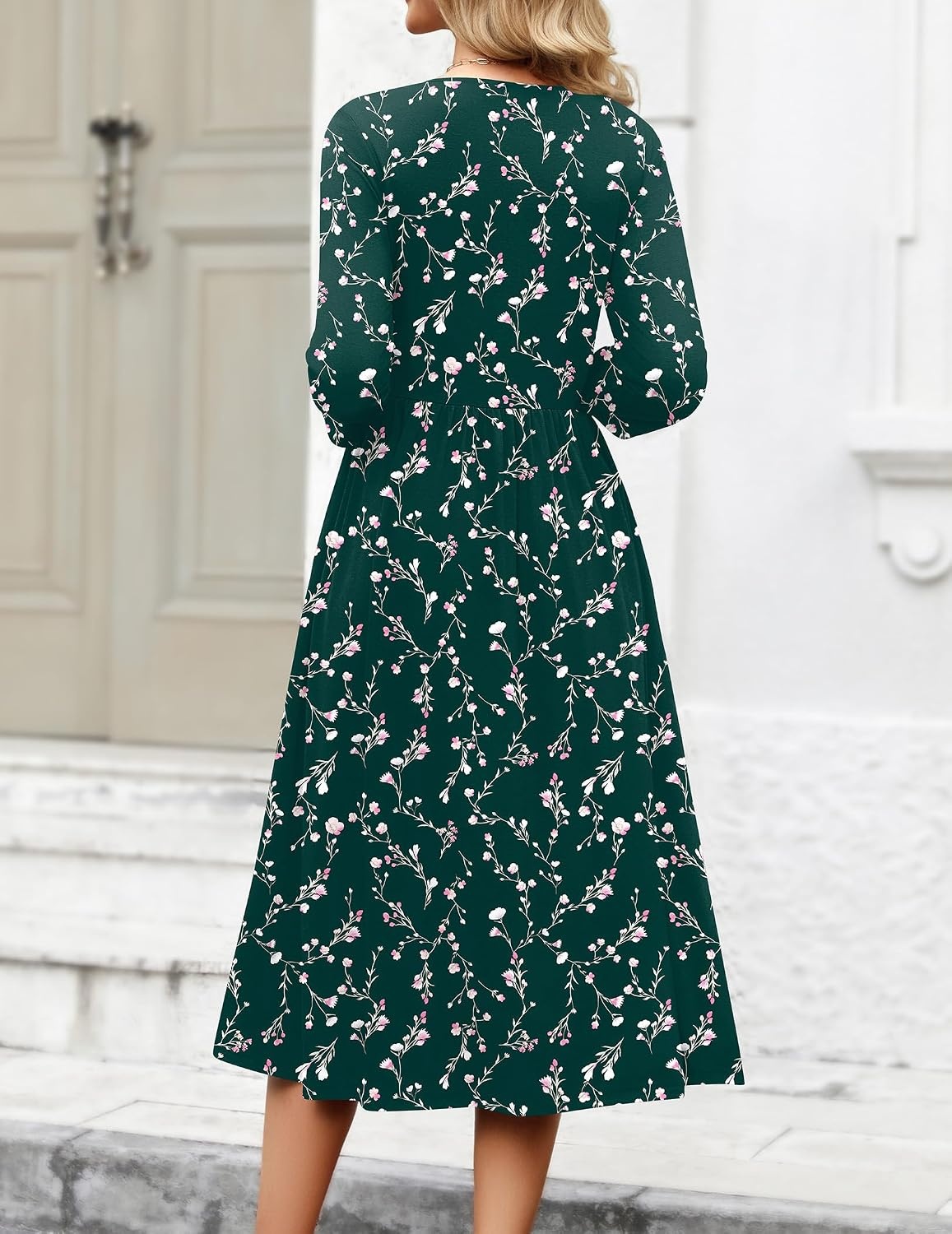 image:imageZeagoo 34 Sleeve Womens Dress Casual Aline Summer Fall Midi Long DressesGreen Floral