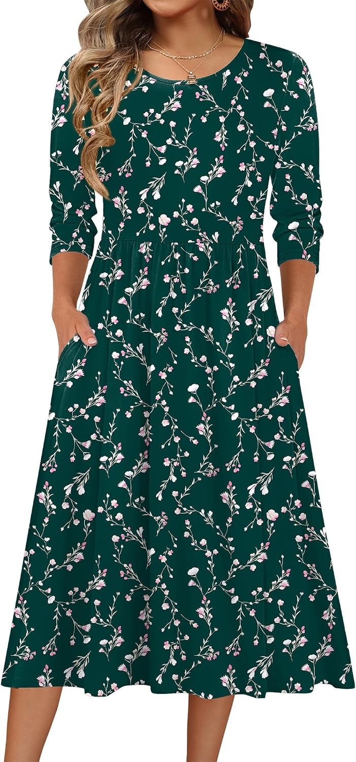 image:imageZeagoo 34 Sleeve Womens Dress Casual Aline Summer Fall Midi Long DressesGreen Floral