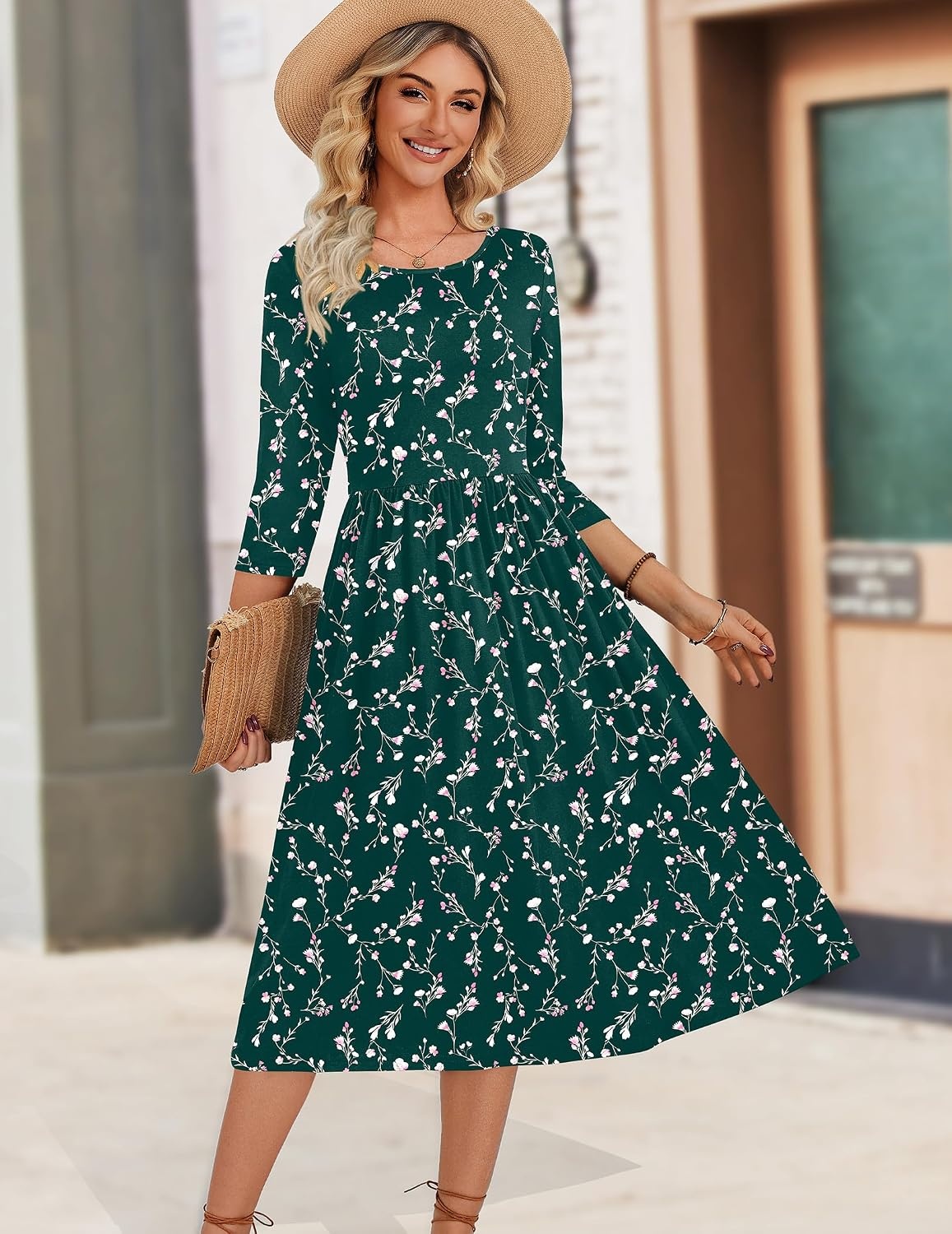 image:imageZeagoo 34 Sleeve Womens Dress Casual Aline Summer Fall Midi Long DressesGreen Floral