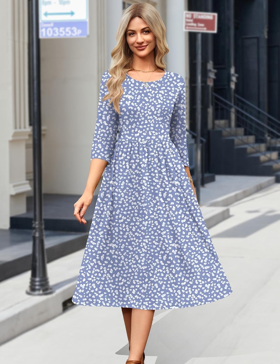 image:imageZeagoo 34 Sleeve Womens Dress Casual Aline Summer Fall Midi Long DressesJh529