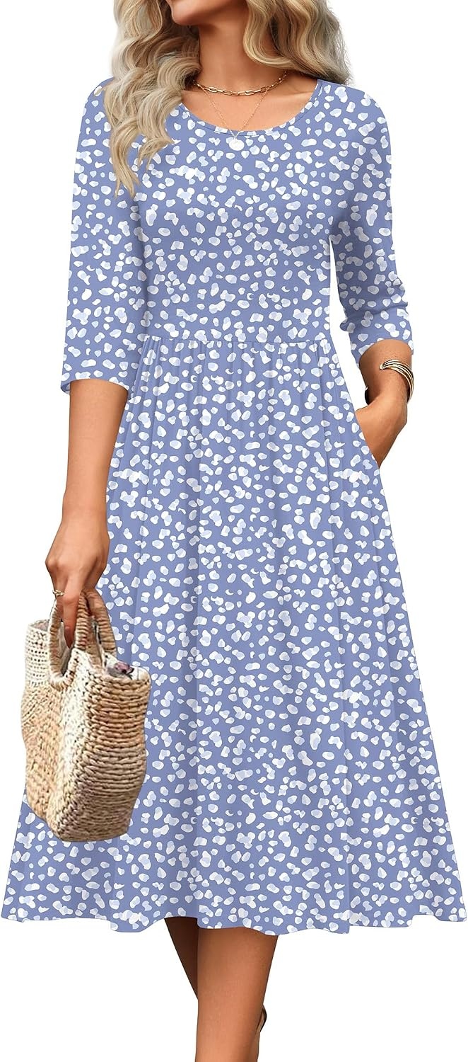 image:imageZeagoo 34 Sleeve Womens Dress Casual Aline Summer Fall Midi Long DressesJh529
