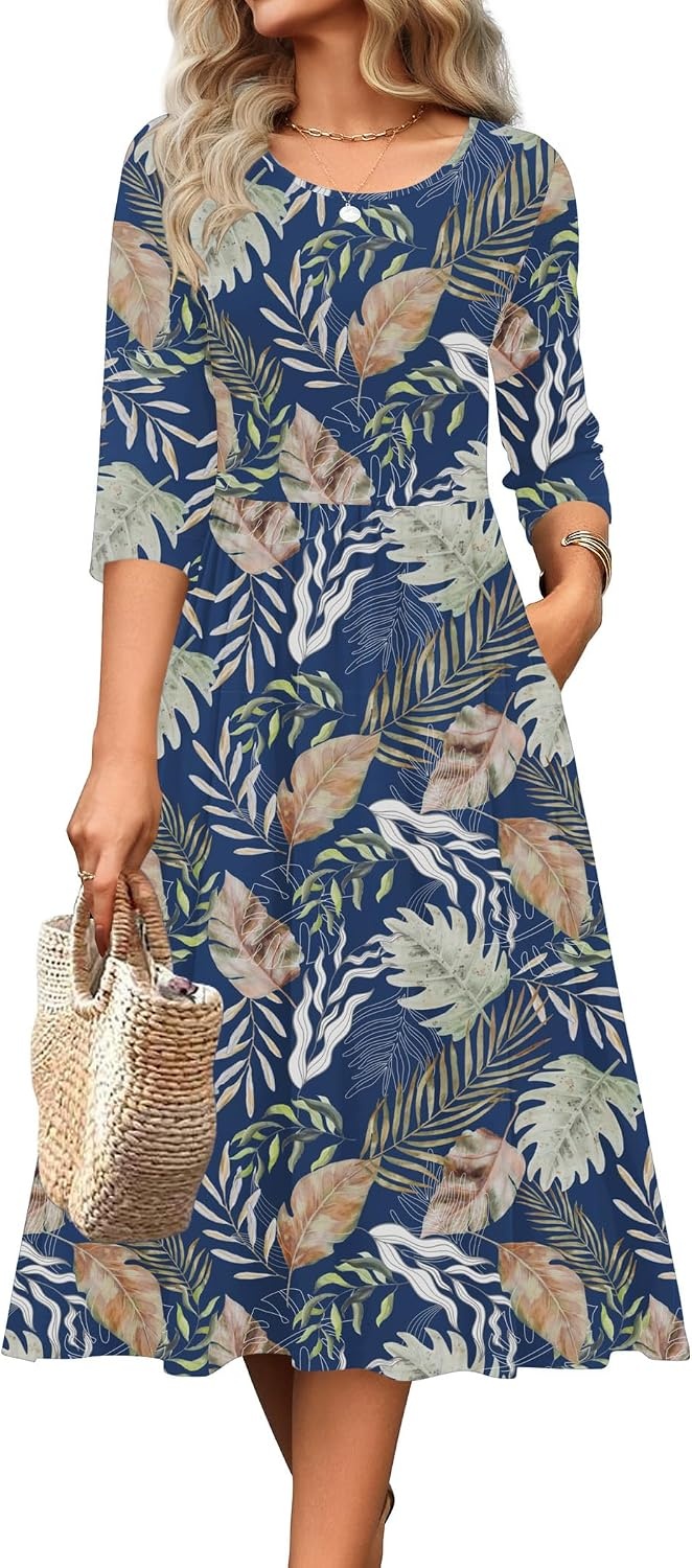 image:imageZeagoo 34 Sleeve Womens Dress Casual Aline Summer Fall Midi Long DressesLeaf Print