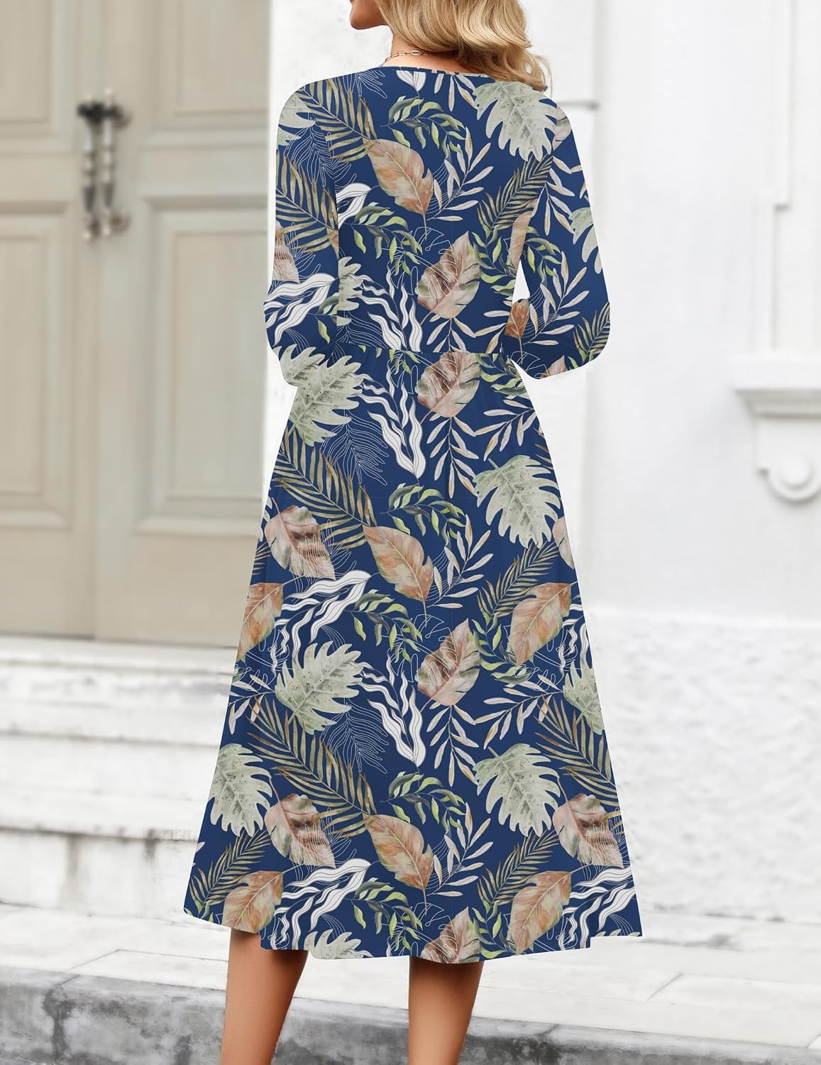 image:imageZeagoo 34 Sleeve Womens Dress Casual Aline Summer Fall Midi Long DressesLeaf Print