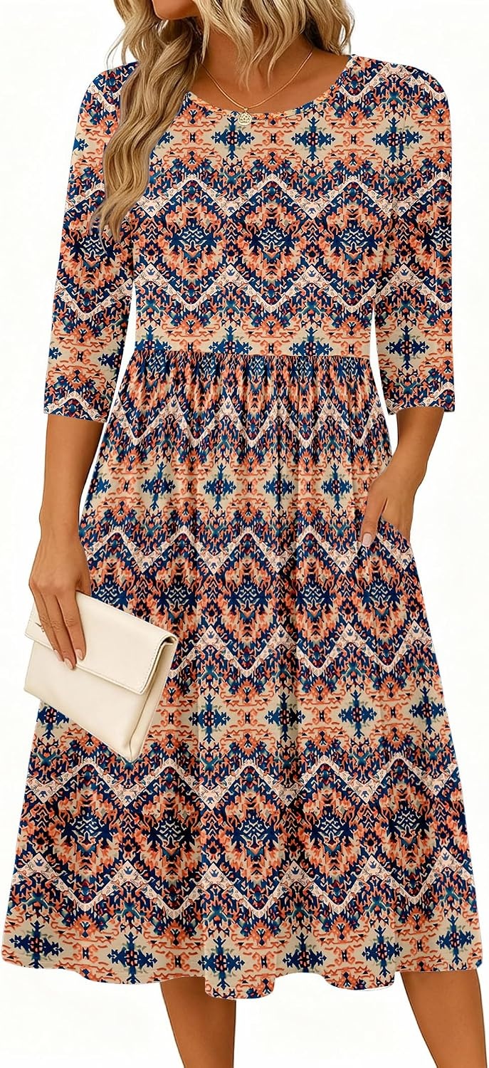 image:imageZeagoo 34 Sleeve Womens Dress Casual Aline Summer Fall Midi Long DressesMz379