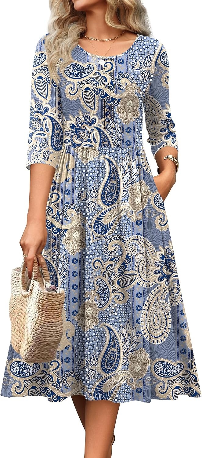image:imageZeagoo 34 Sleeve Womens Dress Casual Aline Summer Fall Midi Long DressesMz919