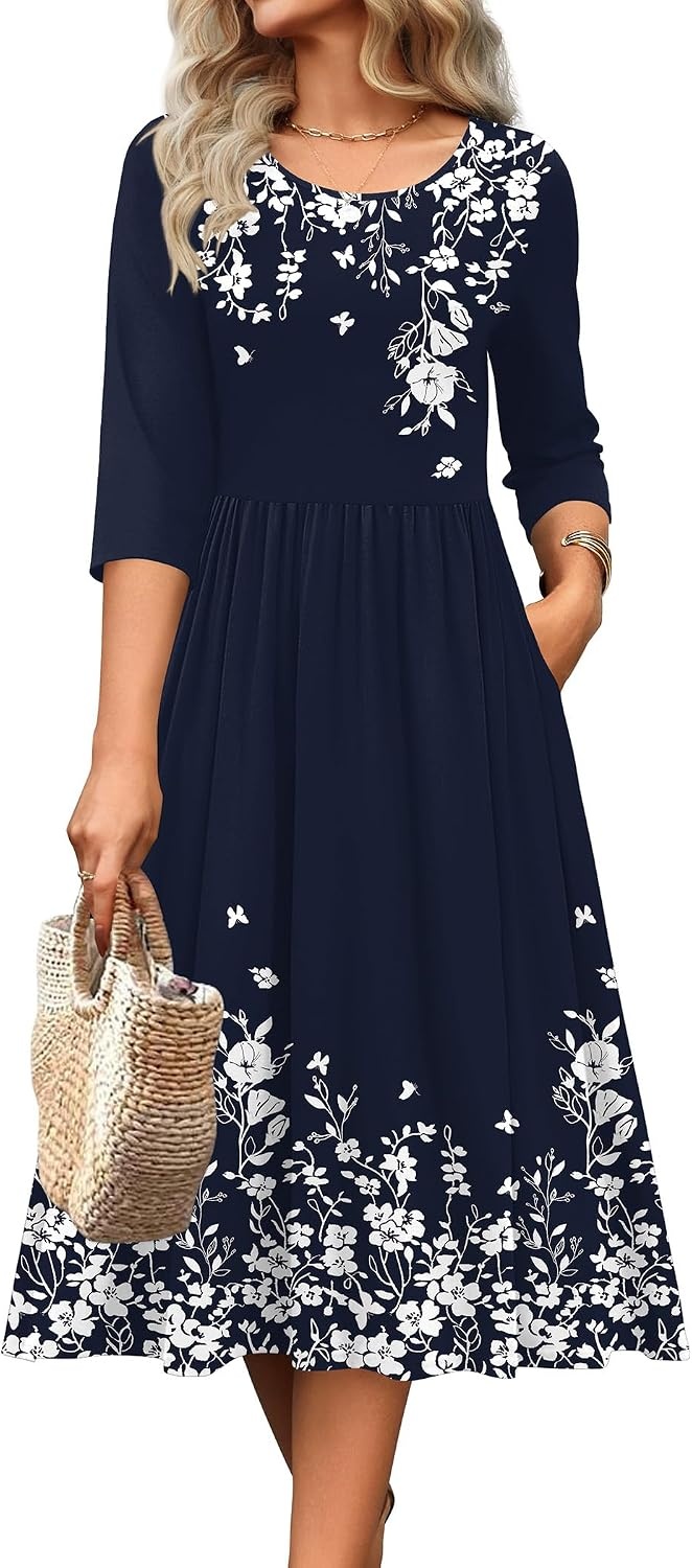 image:imageZeagoo 34 Sleeve Womens Dress Casual Aline Summer Fall Midi Long DressesNavy Blue Floral