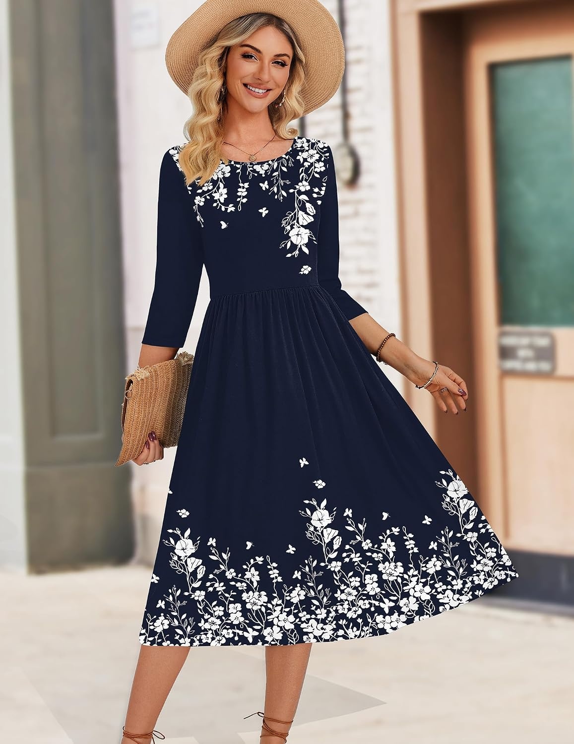 image:imageZeagoo 34 Sleeve Womens Dress Casual Aline Summer Fall Midi Long DressesNavy Blue Floral
