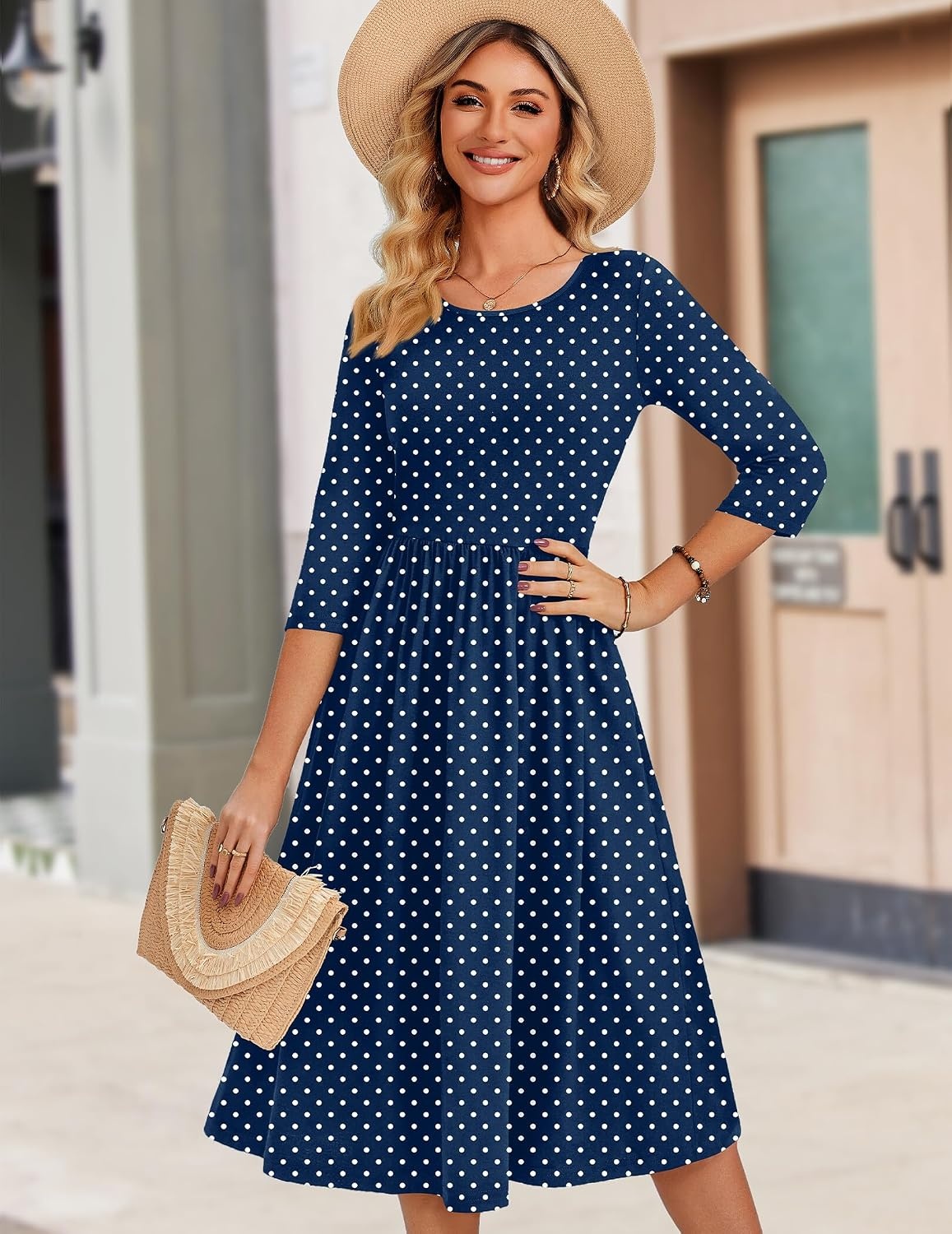 image:imageZeagoo 34 Sleeve Womens Dress Casual Aline Summer Fall Midi Long DressesNavy Round Dot