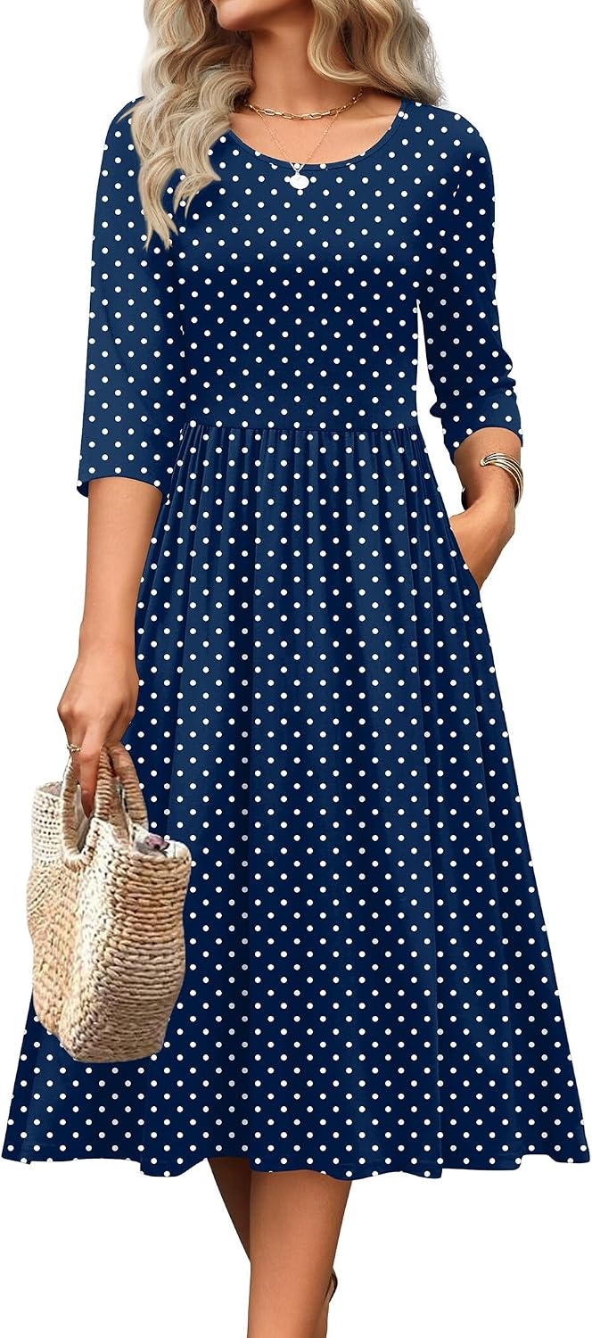 image:imageZeagoo 34 Sleeve Womens Dress Casual Aline Summer Fall Midi Long DressesNavy Round Dot