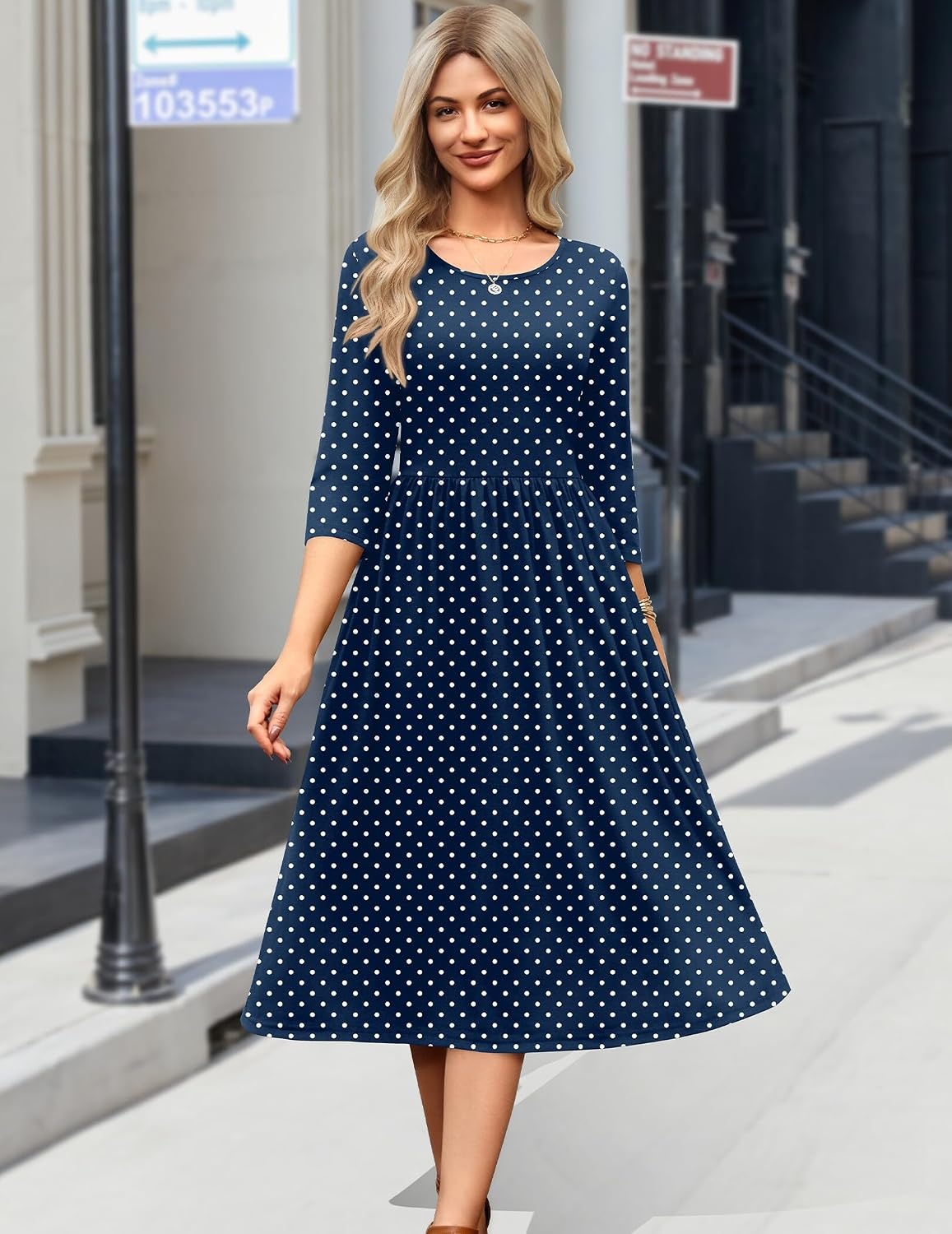 image:imageZeagoo 34 Sleeve Womens Dress Casual Aline Summer Fall Midi Long DressesNavy Round Dot