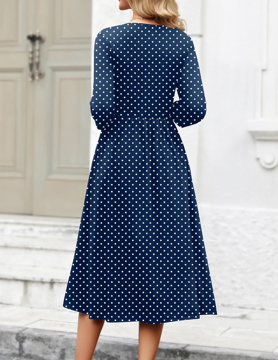 image:imageZeagoo 34 Sleeve Womens Dress Casual Aline Summer Fall Midi Long DressesNavy Round Dot