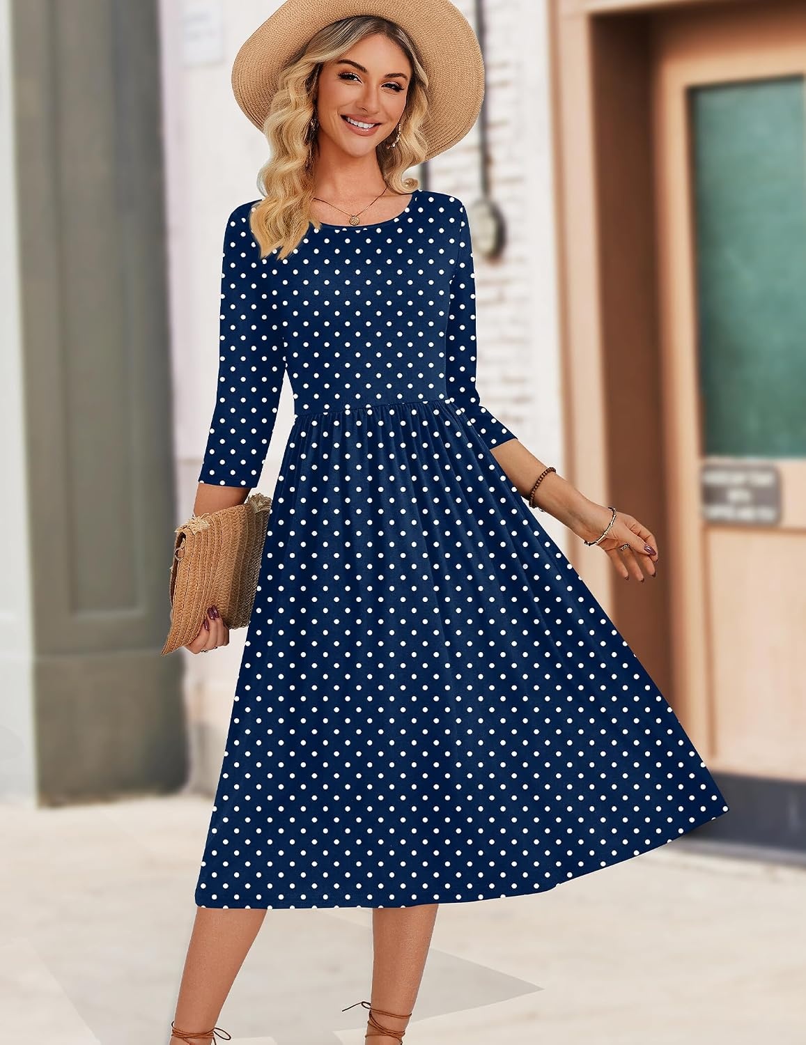 image:imageZeagoo 34 Sleeve Womens Dress Casual Aline Summer Fall Midi Long DressesNavy Round Dot
