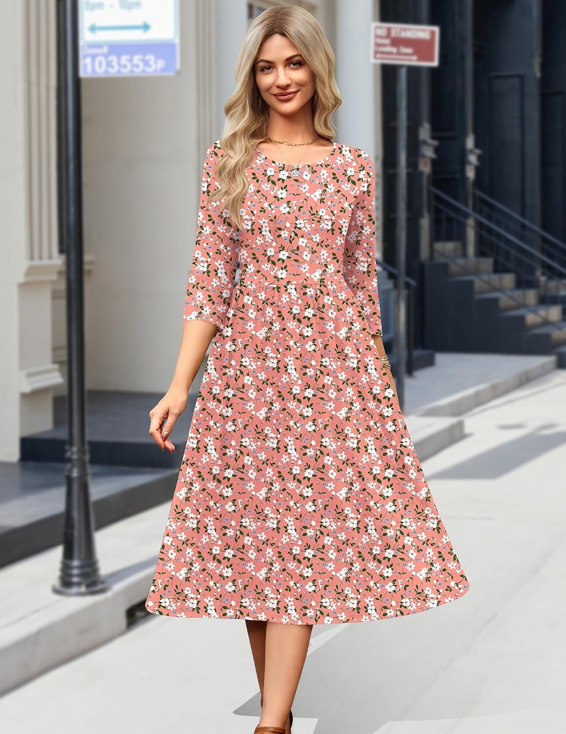 image:imageZeagoo 34 Sleeve Womens Dress Casual Aline Summer Fall Midi Long DressesPink Floral