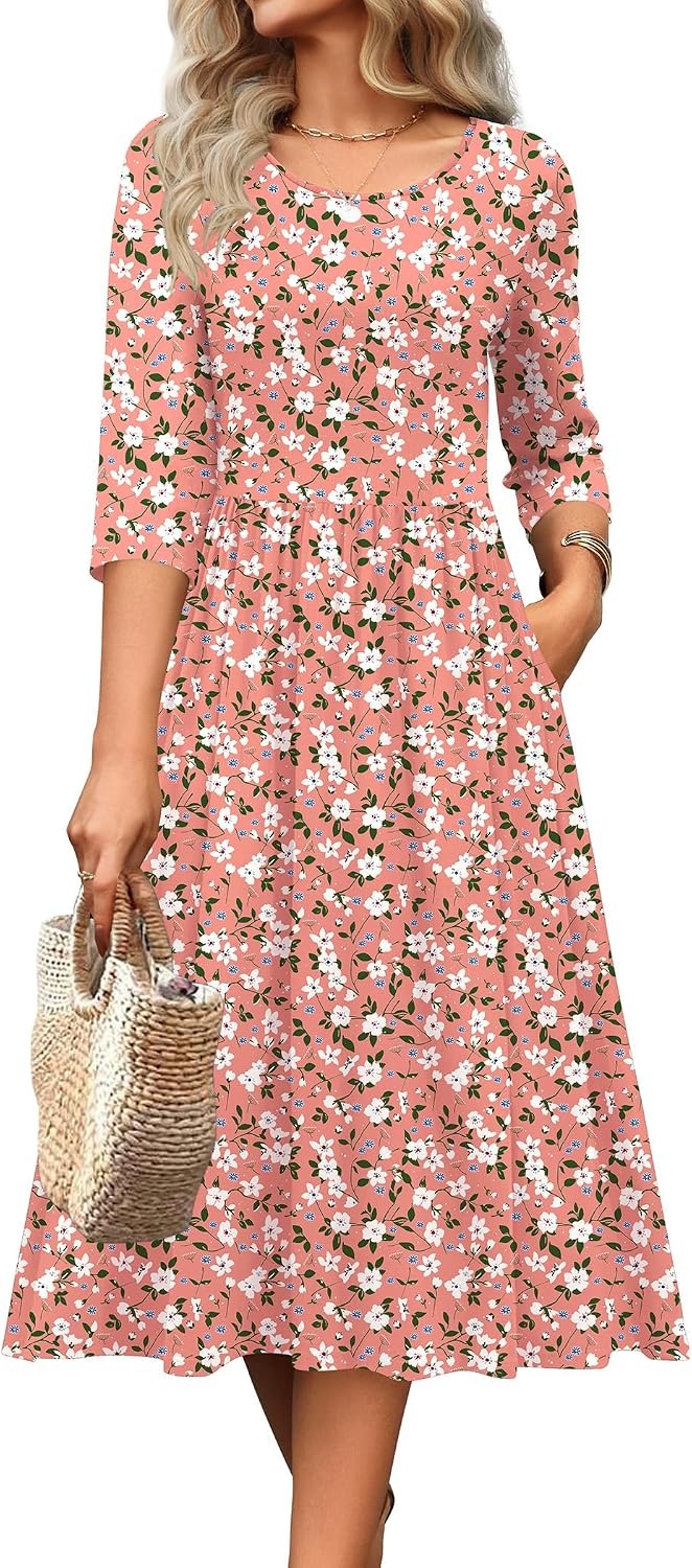 image:imageZeagoo 34 Sleeve Womens Dress Casual Aline Summer Fall Midi Long DressesPink Floral