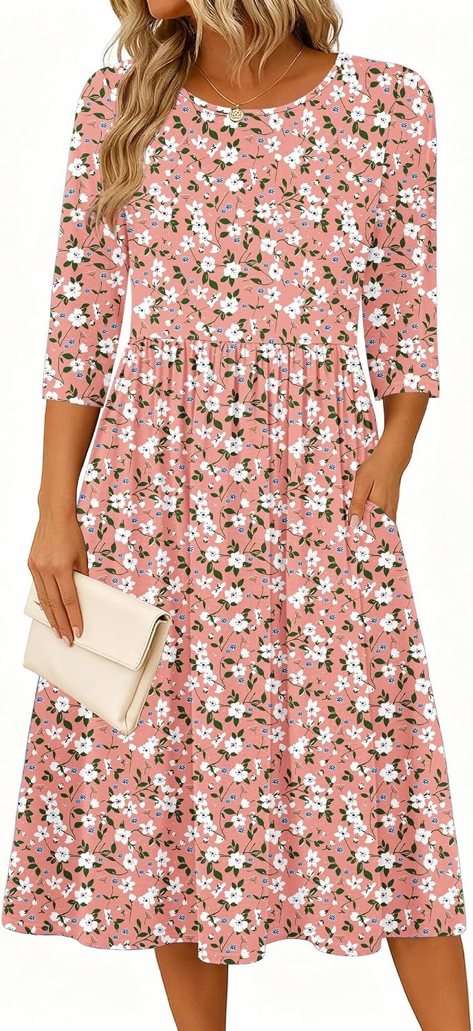 image:imageZeagoo 34 Sleeve Womens Dress Casual Aline Summer Fall Midi Long DressesPink Floral