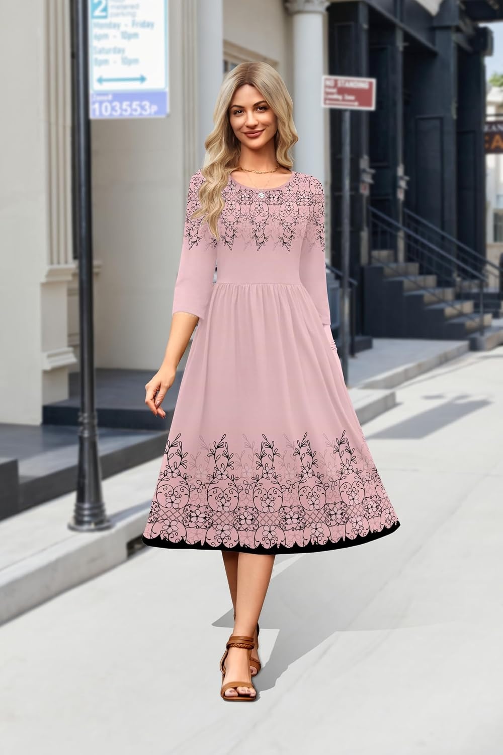 image:imageZeagoo 34 Sleeve Womens Dress Casual Aline Summer Fall Midi Long DressesPink Flower